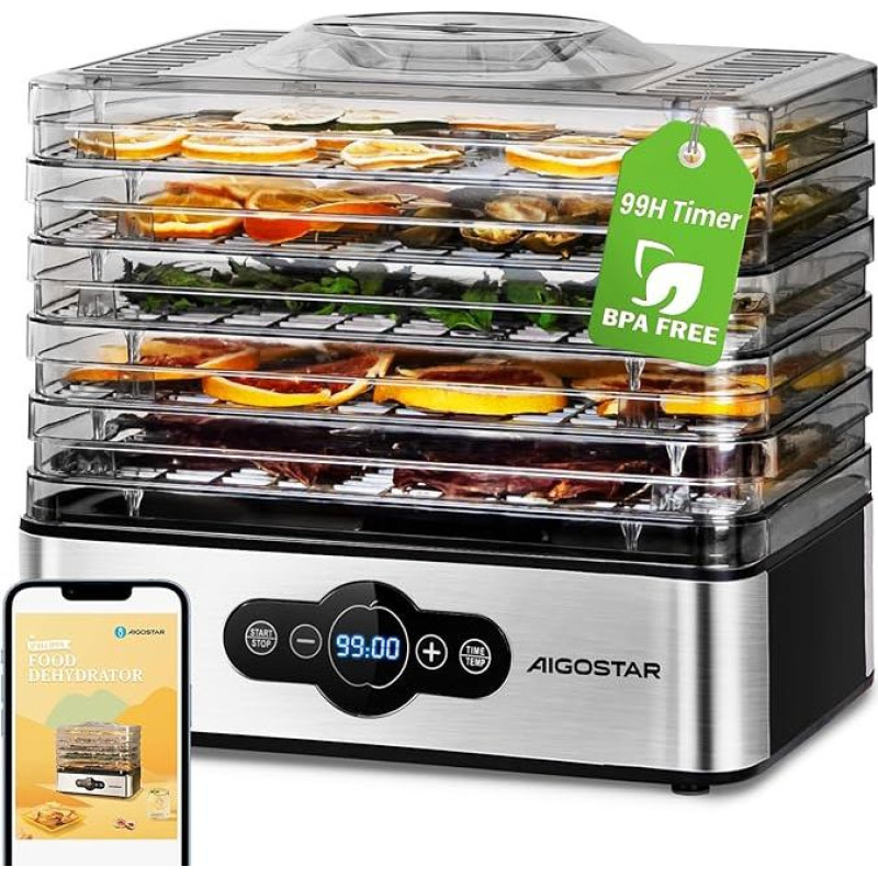 Aigostar Crispy Dehydrator with Temperature Control, 240 W, 35-70 °C, 99 H Timer, 5 Compartments, Stainless Steel Dehydrator for Meat, Fruit, Vegetables, Dehydrator - BPA Free