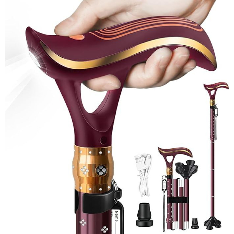 Foldable Walking Stick, Multifunctional Walking Stick with Light, Fashion Walking Sticks for Men and Women, Adjustable Walking Sticks for Seniors, USB Direct Charging, Lightweight and