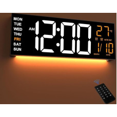 16,5 colio didelis LED skaitmeninis sieninis laikrodis su naktine šviesa, automatinio užtemdymo funkcija, 2 žadintuvai, 8 RGB spalvos, temperatūros rodymas, nuotolinio valdymo pultas, 12/24 valandų, laikmatis, skirtas svetainei, miegamajam, biurui