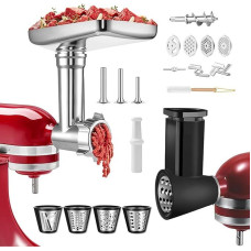 Stainless Steel Meat Grinder Attachment for Kitchenaid, with 4 Vegetable Cutting Attachment, 4 Grinding Discs, 3 Blades, 3 Sausage Fillers, 1 Burger Press & Cleaning Brush, Meat Grinder Accessory Set