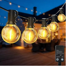 30 m ilgio LED lauko pasakų žibintai su šviesos jutiklio laikmačiu, 50 + 2 šiltos baltos spalvos G40 lemputės, plastikinės, vandeniui atsparios pasakų lemputės sodui, kiemui, vestuvėms