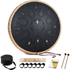 HOPWELL Steel Tongue Drum - 15 Note 12 Inch Tongue Drums - Percussion Instruments - Hand Pan Drum with Music Book, Drum Mallets and Carry Bag, D Major, Black