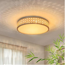 LUOLONG LED lubų šviestuvas, pagamintas iš bambuko 50 cm apvalus lubų šviestuvas 45 W mediniai lubų šviestuvai, reguliuojamas 3000-6000 K Rankų darbo derliaus medinis rotango šviestuvas svetainei, miegamojo lempa, valgomasis, prieškambaris