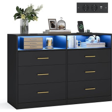 VASAGLE Custos Collection LTS316BC01 Chest of Drawers with LED Lighting and Power Strip, Sideboard, Modern, Living Room, Bedroom, 6 Drawers, 40 x 119 x 81.2 cm, Ink Black