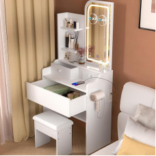 Small Dressing Table with Mirror, Dressing Table with Lighting, 3 Drawers and 3 Shelves, 2x and 5x Magnifying Mirror and Socket, Dressing Table for Bedroom, White