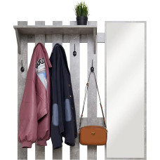 Meerveil Wandgarderobe mit Spiegel, Holz Garderobe mit 5 Haken Ablage Industriestil für Flur Eingangsbereich, 100 x 22 x 106 cm, Grau