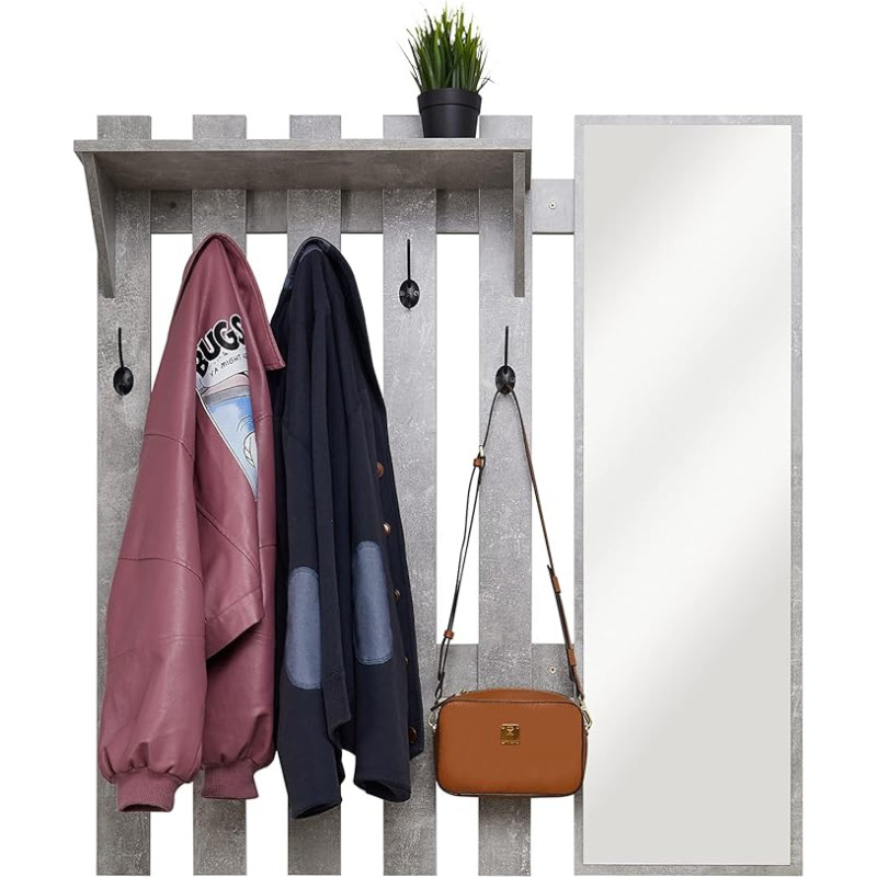 Meerveil Wandgarderobe mit Spiegel, Holz Garderobe mit 5 Haken Ablage Industriestil für Flur Eingangsbereich, 100 x 22 x 106 cm, Grau