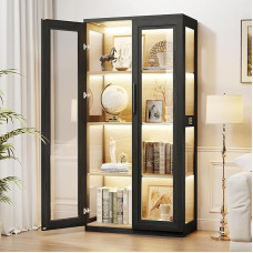 BROTTAR Glass Display Case with 3-Colour LED Lighting and Body Sensor, 4-Tier Bookcase with Glass Doors for Collectibles, for Living Room or Study Room, Black (80 x 40 x 165 cm)