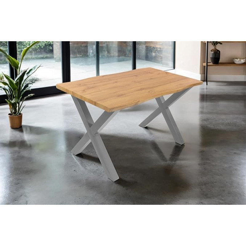 SAM Josy valgomojo stalas, 120 x 80 cm, laukinio ąžuolo išvaizdos, sidabrinis X formos metalinis rėmas, 40 mm stalviršis su medžio kraštu, valgomojo ir virtuvės stalas