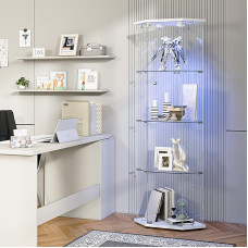Corner Display Cabinet with LED Lighting, Standing Glass Display Cabinet with Glass Doors, 4 Glass Shelves, Corner Display Cabinet Glass Wood Display Cabinet, Modern Display Cabinet, Collector's
