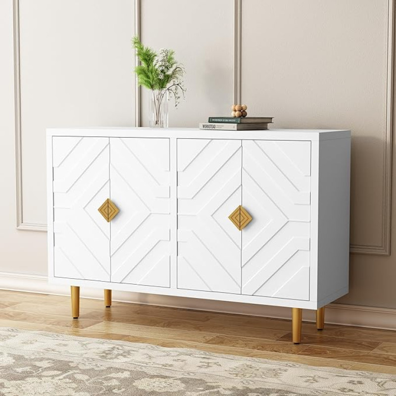 HOLTICO Chest of Drawers Sideboard with 4 Doors, Sideboard Buffet Cabinet, Kitchen Cabinet, Storage Cabinet for Living Room, Kitchen, Bedroom, White