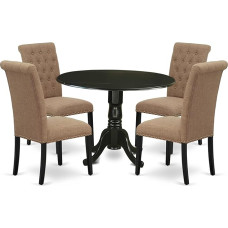 East West Furniture 5 Piece Dining Set Includes Small Round Leaf Dining Table and Four Parson Chairs with Light Sable Fabric, Black Finish