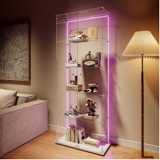 Glass 5 Tier Display Cabinet with Lock 186.5 x 34.5 x 78.5 cm Display Cabinet Glass for Collection with Door Display Cabinet Living Room Transparent (White J)