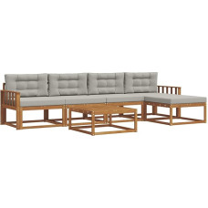 Gartensofa Set, Lounge Garnitur aus massivem Akazienholz mit Kissen, modulares Outdoor Sofa für Garten und Terrasse, inklusive Tisch und Hocker, Naturbraun und Hellgrau