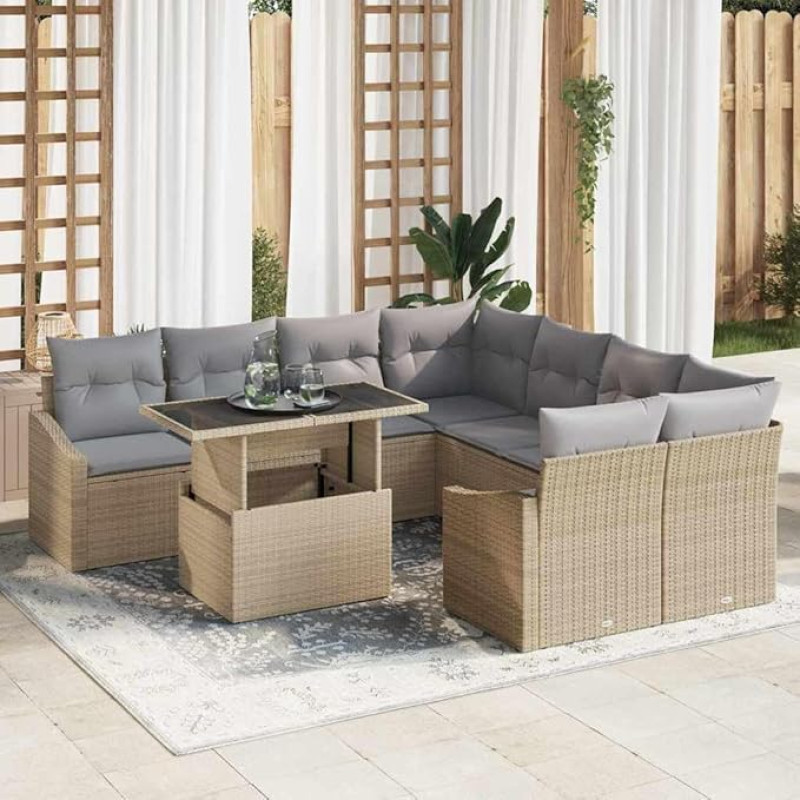 Modulares Sofa-Set für Terrasse in Beige und Hellgrau als 9-teiliges Gartensofa-Set aus Poly-Rattan mit Kissen