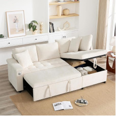 DRIXNO Šiuolaikinė L formos sofa su ištraukiama sofa-lova su miego funkcija, įrengta laikymo vieta, USB įkroviklis, atramos ranktūriui ir 2 pagalvės, tinkama gyvenamajam kambariui ir kt. Smėlio spalvos