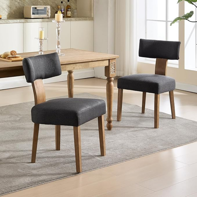 Vidurio amžiaus modernios valgomojo kėdės, ergonomiškos lininės kėdės su paminkštinimais, medžio masyvo kojos, akcentinės kėdės valgomajam, virtuvei, svetainei ir tualetiniam staliukui, tamsiai pilkos spalvos