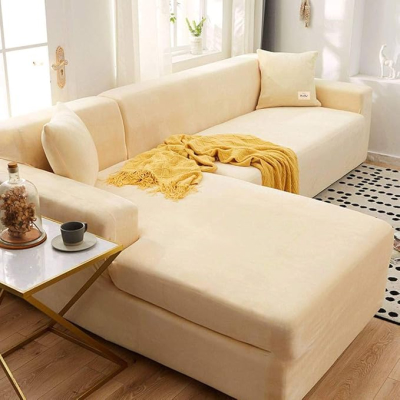Storas sofos dangteliai 1 2 3 sėdynės Velvet L formos sofos apsauginis dangtelis Easy Fit Stretch Elastinis audinys Sofa sofa baldų apsauga - 3 sėdimos vietos (190-230 cm) - smėlio spalvos