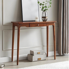 Moderner Konsolentisch Schmal aus Massivholz, Schmaler Console Table mit Versteckter Schublade für Wohnzimmer, Flur und Eingangsbereich, Walnuss(90x32x80cm/35x12.6x31in)