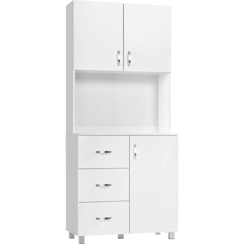HOMCOM Modern White Wooden Sideboard with 2 Cabinets, Adjustable Shelves, 1 Open Shelf and 3 Drawers, 80 x 39.5 x 183.5 cm