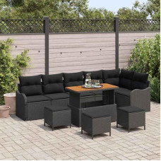 Modulares Gartensofa Set 10-teilig Schwarz mit Kissen aus Poly Rattan und Akazienholz Lauko sofagarnitur 10er Set