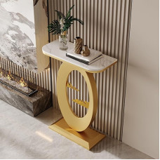 Sinterstein-Konsolentisch mit O-förmigem Ringboden, Leicht luxuriöser Eingangstisch mit Hochtemperatur-Backlack für Flur, Wohnzimmer und Foyer(Gold,100cm/39.4in,White)