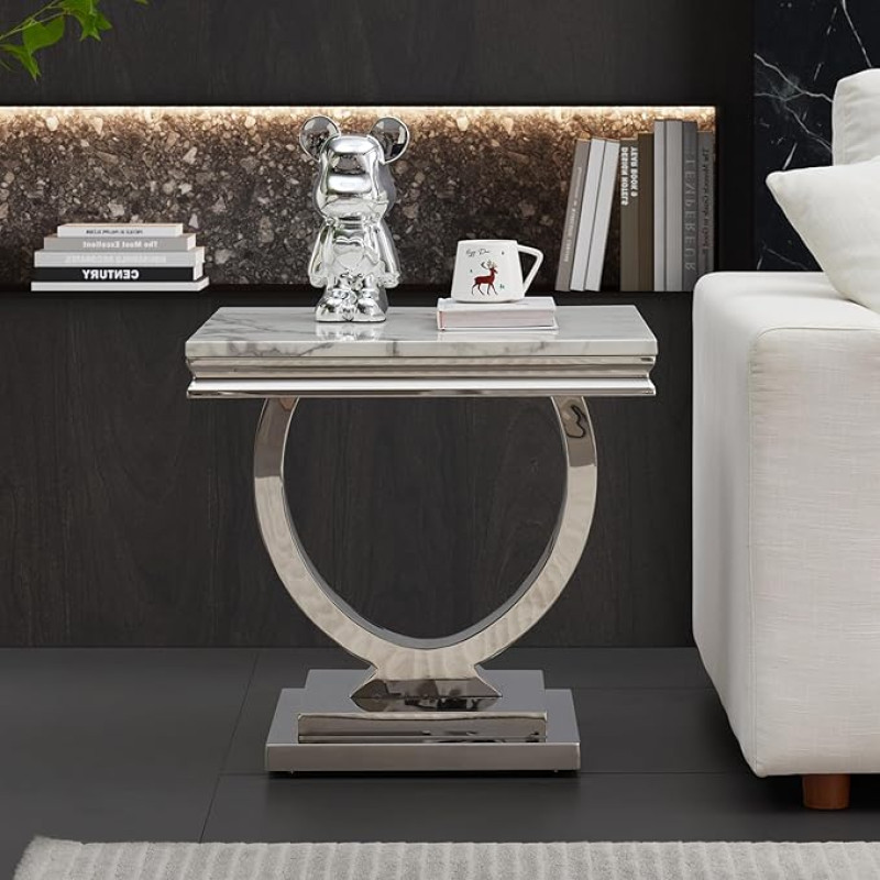 Moderner Luxus-Beistelltisch aus Kunstmarmor mit verspiegeltem silberfarbenem Edelstahlsockel, quadratischer weißer Marmor-Beistelltisch, eleganter kleiner Nachttisch für Wohnzimmer,