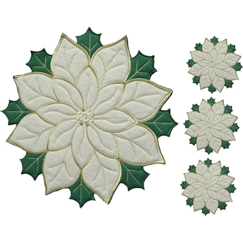 Sosoport 4 Stück Bestickte Weihnachtsstern Tischsets 40cm Isolier Platzset mit Silberweißem Leinen und Schaumstoff Telleruntersetzer für Festliche Tischdekoration