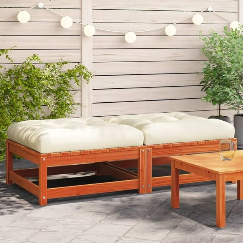 Homgoday Garden Footstool with Cushions 2 Pack Brown Wax Solid Wood Pine Sofas Outdoor Bed Sofa Sofa Garden Living Room Patio Outdoor Furniture