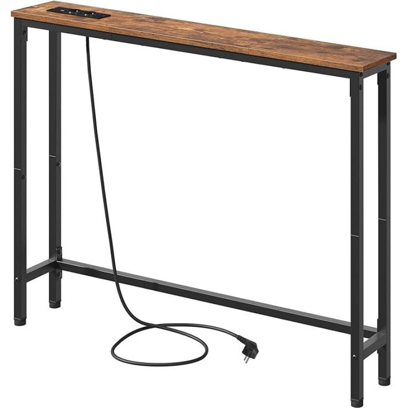 HOOBRO EBF52CXG01G1 Konsolinis staliukas su įkrovimo stotele, 100 cm siauras šoninis staliukas, sofos staliukas, įėjimo staliukas, svetainė, prieškambaris, metalinis rėmas, senovinė ruda ir juoda spalvos
