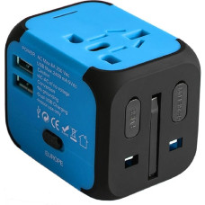 Universal Travel Adapter with 2 USB Ports US, EU, UK, AU Sockets for 150 Countries and Regions Applicable to Tablets, Smartphones, Digital Cameras, MP3 Players, Blue