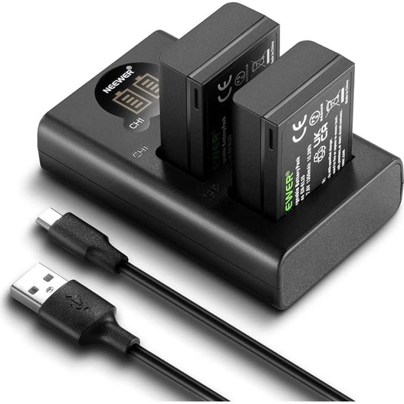 NEEWER EN-EL25 atsarginių baterijų ir įkroviklio rinkinys, 2 pakuotės 1350 mAh baterijų ir dviejų kanalų C tipo USB įkroviklis, suderinamas su Nikon Z30, Z50 ir ZFC fotoaparatais 4241 EN-EL25 baterija MH-32 įkroviklis