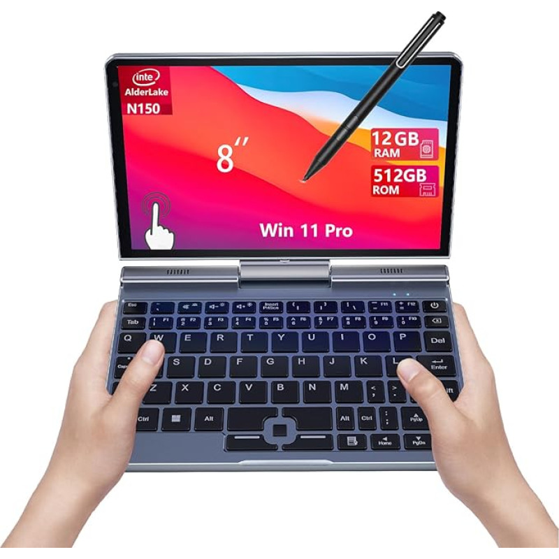 8 Zoll 2-in-1 mini nešiojamasis kompiuteris su QWERTZ-Tastatur, puikiu HD jutikliniu ekranu ir jutikline jungtimi, 