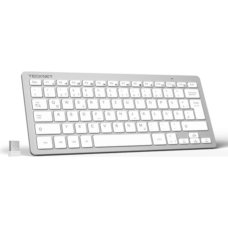TECKNET Slim Wireless Keyboard, German Layout QWERTZ, 2.4 GHz, 78 Keys Mini Wireless Keyboard with Nano USB Receiver for Windows 11/10/8/7/Vista/XP and Android Smart TV - Silver