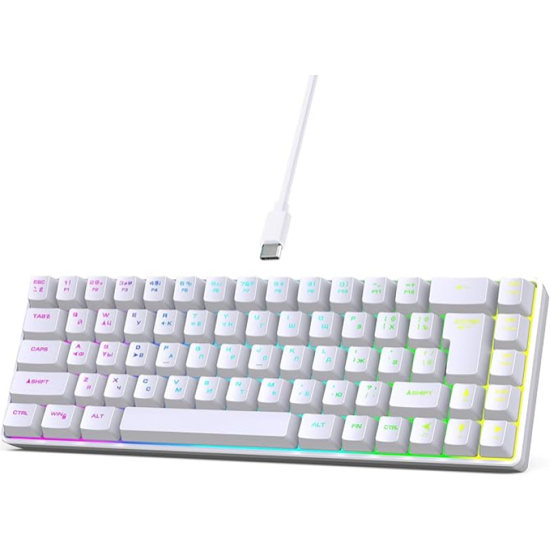 ASHATA rusų anglų kalbos dvikalbė klaviatūra 68 kabeliai Mechaninė žaidimų klaviatūra su RGB apšvietimu, 18 režimų, C tipo USB Ergonomiškas dizainas, skirtas nešiojamiesiems kompiuteriams (balta)