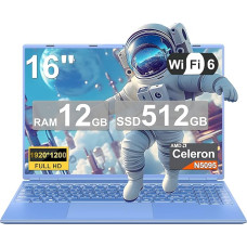 NOTODD nešiojamasis kompiuteris 16 colių 4 branduolių Celeron N5095 (iki 2,9 GHz) 12+512 GB SSD disko išplėtimas 1 TB Nešiojamasis kompiuteris Win11 su 5G WiFi 1920 x 1200 BT4.2 AZERTY klaviatūra Mėlyna