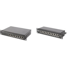 DIGITUS Gigabit Ethernet PoE+ komutatorius - 10 colių - 8 prievadai - 96 W galios biudžetas - juoda ir Cat-6 komutacinė plokštė - 12 prievadų - RJ45 lizdai - 10 colių stovas 1U - LSA paskirstymo plokštė - juoda