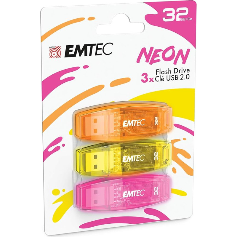 EMTEC USB 2.0 C410 32GB atmintinė 5MB/s Skaitymas 15MB/s Įrašymas 15MB/s Suderinama su USB 2.0 USB 3.0 Skaidri neoninė su dangteliu (3 pakuotės) Oranžinė, geltona, rožinė