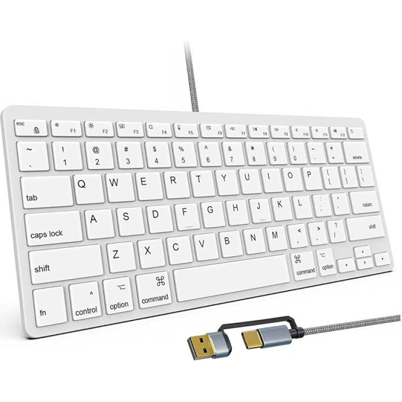 78-Tasten-Kompakt-Tastatur mit Kabel für Mac, USB A/USB C Plug-and-Play, ultraschlanke USB-Mini-Tastatur - US QWERTY-Layout, kompatibel mit Apple MacBook, iMac, Mac mini/Pro, Laptops, PCs, weiß