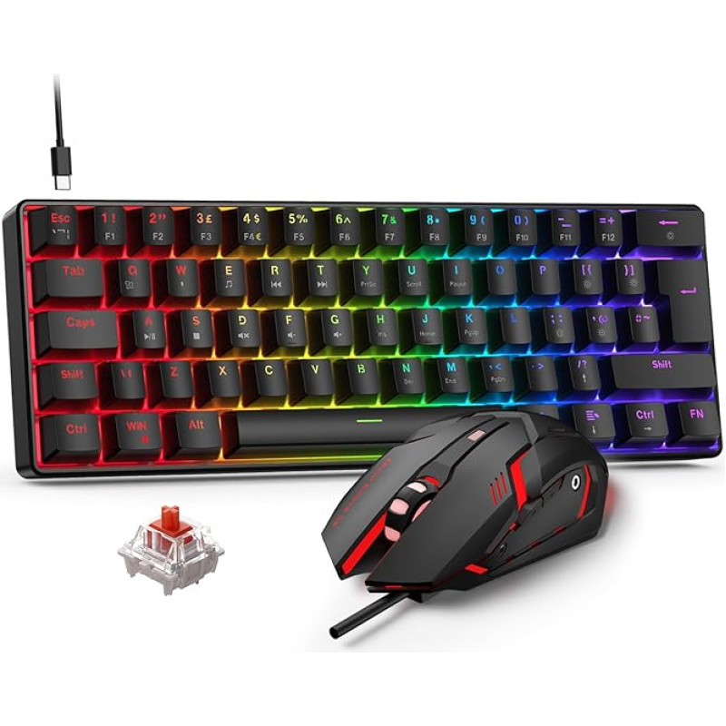 Žaidimų klaviatūros ir pelės rinkinys, 60 % kompaktiška JK išdėstymo mini klaviatūra su RGB apšvietimu ir raudonu jungikliu, laidinė USB C, ergonomiška 4 spalvų LED žaidimų pelė, nešiojamas rinkinys