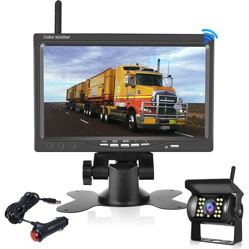 Belaidė atbulinės eigos kameros sistema, HD atbulinės eigos kameros rinkinys, 7 colių TFT LCD HD spalvotas automobilio monitorius su naktinio matymo belaidė atbulinės eigos kamera, tinkanti sunkvežimiams, furgonams, visureigiams (12-24 V)