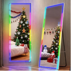 LVSOMT RGB veidrodis su apšvietimu, 153 x 50 cm, stovintis veidrodis, veidrodis be rėmo, LED sieninis veidrodis, didelis, skirtas miegamajam, svetainei, 7 dinaminiai režimai ir 7 spalvų šviesa, baltas