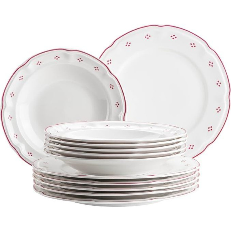 Mäser Lova Series 12-Piece Porcelain Dinner Service - 6 Dinner Plates 26 cm & 6 Soup Plates 22 cm - Red