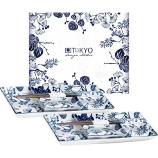 TOKYO design studio Flora Japonica Sushi Set Blue/White, 6 dalys, 2 x sushi lėkštės, 2 x dubenėliai su padažu, 2 x lazdelės, azijietiškas porcelianas, japoniškas dizainas, dovanų pakuotė