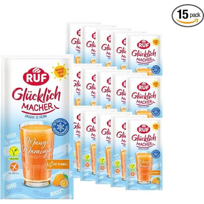 RUF „Glücklichmacher Smooth to Drink“ persikų ir abrikosų skonio – 15 vnt. rinkinys, vaisių skonio gėrimo milteliai, skirti ištirpinti vandenyje