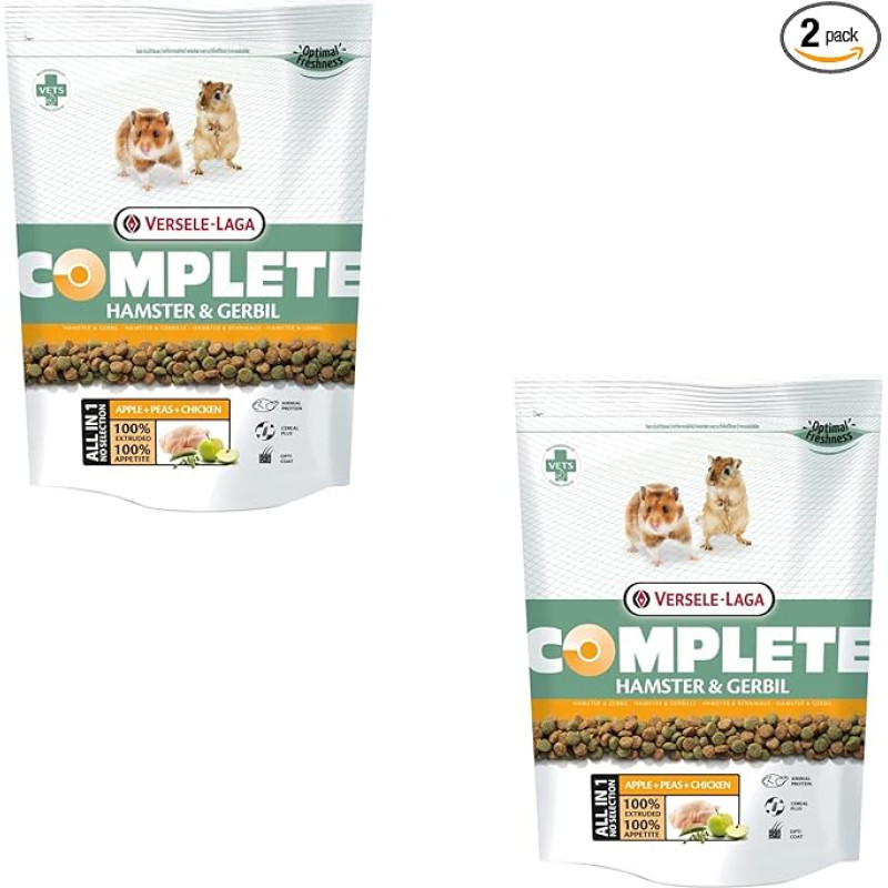„Versele-Laga Complete Hamster & Gerbil“ | Dvigubas rinkinys | 2 x 500 g | Pilnavertis maistas žiurkėnams ir smiltpelėms | Su baltymų turtingais „viskas viename“ granulėmis | Daugiau energijos