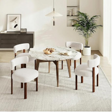 COLAMY „Mid-Century Modern“ stiliaus „Sherpa“ valgomojo kėdžių rinkinys (4 vnt.), vintage kaimiško stiliaus „Bouclé“ virtuvės kėdės su atvira išlenkta atlošo dalimi, skirtos valgomajam, restoranui, smėlio spalvos