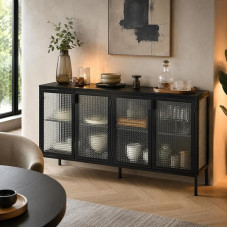 Juodos stiklo vitrina, bufetas su LED apšvietimu, vitrina su grūdintu stiklu ir metaliniu rėmu, bufetas, svetainės spintelė su lentynomis, juoda, 150 x 40 x 80 cm