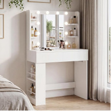 JUMMICO Dressing Table with Lighting and Mirror, 55 x 45 cm, Modern Makeup Table with Socket & USB Ports, 3 Colour Modes, 2 Drawers & Adjustable Side Box, for Bedroom, White