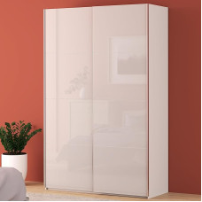 „Forte FITTIO“ spinta 150 – moderni spinta su stumdomosiomis durimis, 2 durys, drabužių pakaba, lentynos, miegamasis, kompozicinė mediena, balta, blizgi, 150,1 cm pločio x 235 cm aukščio x 61,2 cm gylio